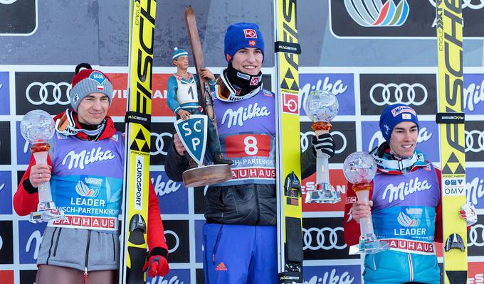 Zmagovalna trojica v Garmisch-Partenkirchnu (od leve proti desni: Kamil Stoch, Daniel Andre Tande in Stefan Kraft) se bo udarila tudi za skupno zmago na turneji. | Foto: Sportida