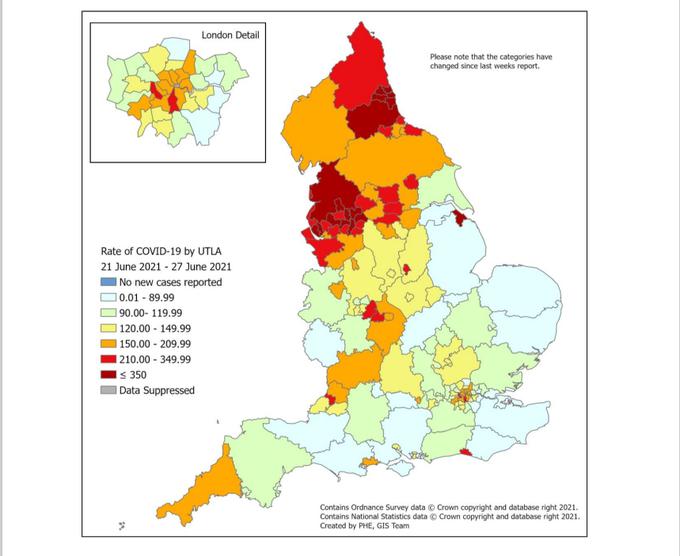 Epidemični zemljevid Velike Britanije za zadnji polni teden letošnjega junija med drugim nakazuje, zakaj so na Škotskem zadržani do polnega sproščanja in razmišljajo o ohranitvi nekaterih ukrepov, kar jim zakonodaja Združenega kraljestva omogoča. | Foto: gov.uk