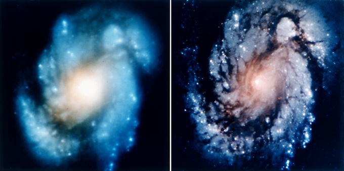 Na levi je fotografija galaksije M100, ki jo je Hubble posnel 27. novembra 1993 oziroma le nekaj dni pred servisom optičnih komponent teleskopa. Po popravilu je Hubble videl precej bolje - desna fotografija je nastala 31. decembra 1993.  | Foto: NASA