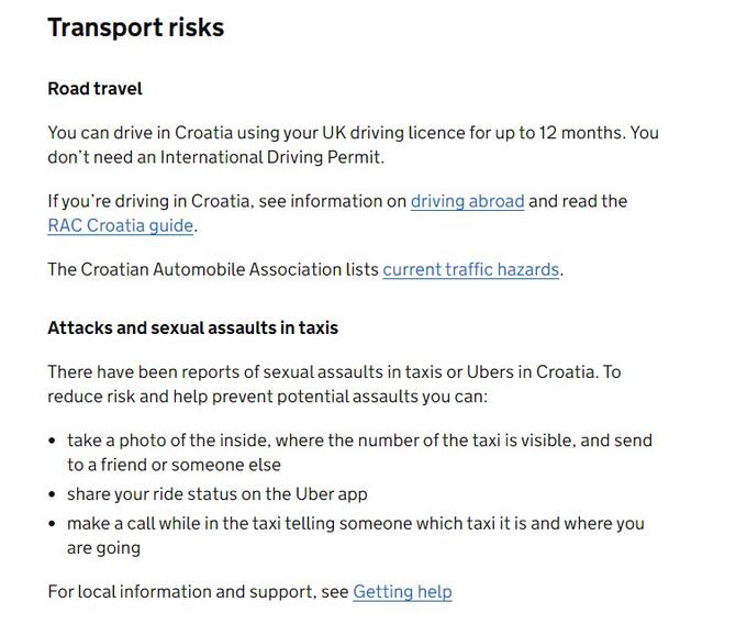 Opozorilo na spletni strani britanske vlade, da je bilo več poročil o spolnih napadih v hravaških taksijih in pri prevoznikih Uber. Kot previdnostne ukrepe navajajo, da potniki slikajo notranjost avtomobila s številko taksija in jo pošljejo prijatelju ali drugemu znancu, da status vožnje posredujejo aplikaciji Uber ali da koga pokličejo in mu povedo, v katerem taksiju se vozijo in kam so namenjeni. | Foto: spletna stran www.gov.uk