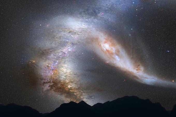 Čez približno 3,75 milijarde let se bo naša domača galaksija, Rimska cesta (ali Mlečna cesta oziroma Milky Way po angleško), začela združevati s svojo največjo sosedo, galaksijo Andromeda. Če bo človeštvo preživelo do takrat, to na nas ne bo imelo večjega vpliva, saj je prostora med zvezdami in planeti toliko, da bodo lokalna trčenja praktično nemogoča. Galaksiji, ki bo nastala iz Andromede in Rimske ceste, so znanstveniki že danes nadeli precej neizvirno ime Milkomeda. | Foto: Reuters