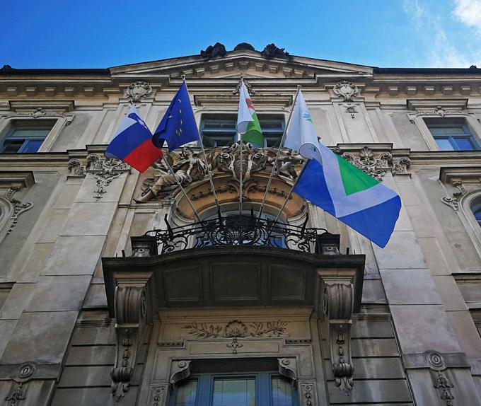 MOL je poleg evropske, državne in mestne zastave ta konec tedna na Adamič-Lundrovem nabrežju 2 izobesila tudi vegansko zastavo. Njene barve predstavljajo možnost sobivanja vseh živih bitij na Zemlji. Zelena predstavlja kopenske živali (vključno s človekom), modra vodne in leteče živali, bela barva pa je simbol enotnosti in miru. Poleg barv vsebuje začetno črko besede veganstvo. | Foto: Slovensko vegansko društvo