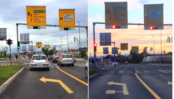 Sredi junija so na Zaloški cesti že postavili podobne začasne prometne oznake (levo), a so jih nato kmalu ustrezno prilagodili (desno). | Foto: Gregor Pavšič