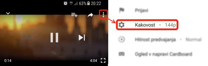 Kakovost videoposnetka na YouTubu znižamo tako, da se med predvajanjem s prstom dotaknemo zaslona, da se pokažejo vse možnosti, in pritisnemo na tri pike (obkroženo z rdečo), ki odprejo meni. Nato odpremo razdelek kakovost (obkroženo z rdečo) in izberemo najnižjo mogočo ločljivost. Pri večini glasbenih videoposnetkov bo to 144p.  | Foto: Matic Tomšič