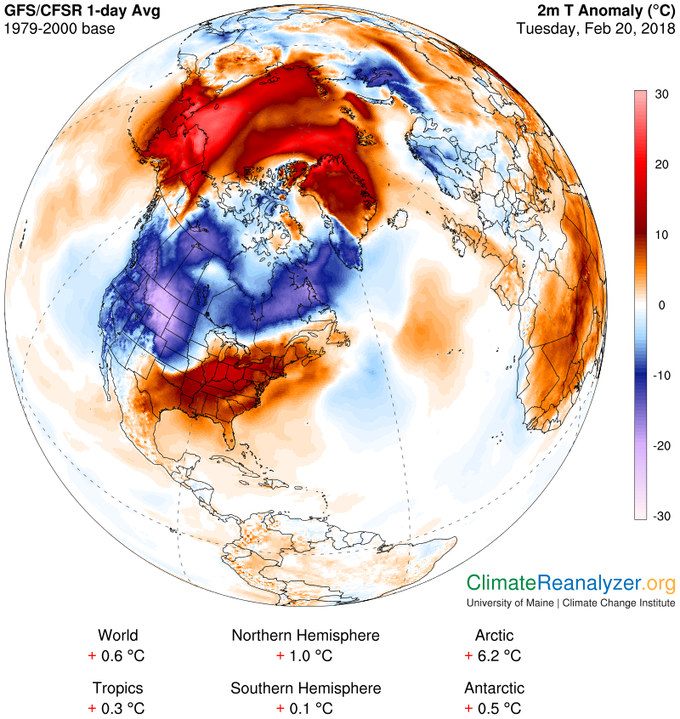 Temperaturne anomalije 20. februarja - nenavadno mile arktične razmere v primerjavi s povprečnimi ter mraz na zahodu ZDA in Evrazije.  | Foto: ClimateReanalyzer.org
