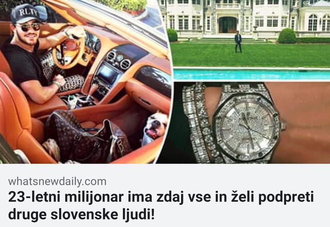 Primer sponzorirane vsebine, ki po Facebooku kroži v zadnjih dneh. Vlogo 23-letnega slovenskega milijonarja so goljufi brez njegove vednosti pri prejšnji podobni "novici" zaupali kar hollywoodskemu zvezdniku Shii LaBeoufu.  | Foto: Matic Tomšič / Posnetek zaslona