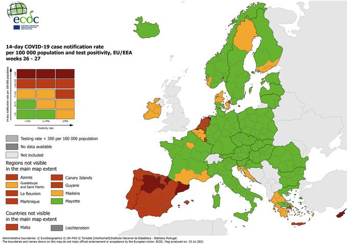 Epidemiološki zemljevid Evrope, ki za Istro in Kvarner ponesrečeno "povprečuje" vso jadransko obalo, kjer so po posameznih delih razmere zelo različne. | Foto: ecdc.europa.eu