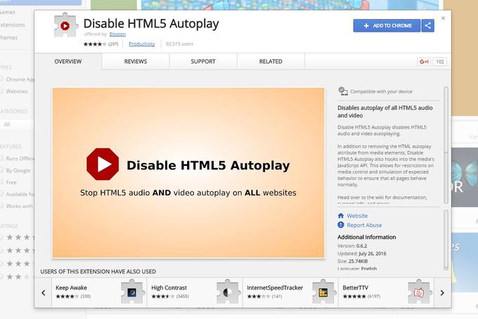Za namestitev Disable HTML5 Autoplay zgoraj desno kliknite na Add to Chrome. Ko bo dodatek nameščen, se bo video sicer začel nalagati, ne bo pa se začel predvajati. | Foto: 