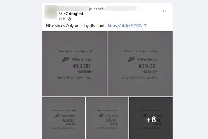 Objava s spletno povezavo, prek katere se na družbenem omrežju Facebook širi lažna trgovina. | Foto: Matic Tomšič
