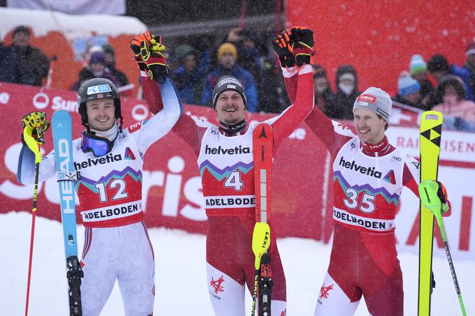 Zmagovalna trojica slaloma v Adelbodnu – drugi Norvežan Atle Lie McGrath, zmagovalec Avstrijec Manuel Feller in tretji njegov rojak Dominik Raschner. | Foto: Guliverimage