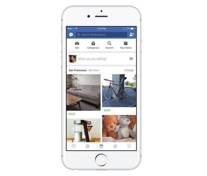 Da bi odprli Tržnico (Marketplace), bo v aplikaciji Facebook za pametne telefone in tablice, kjer bo storitev na voljo najprej, treba klikniti na njeno ikono (spodaj na sredini, označeno z modro).  | Foto: Facebook