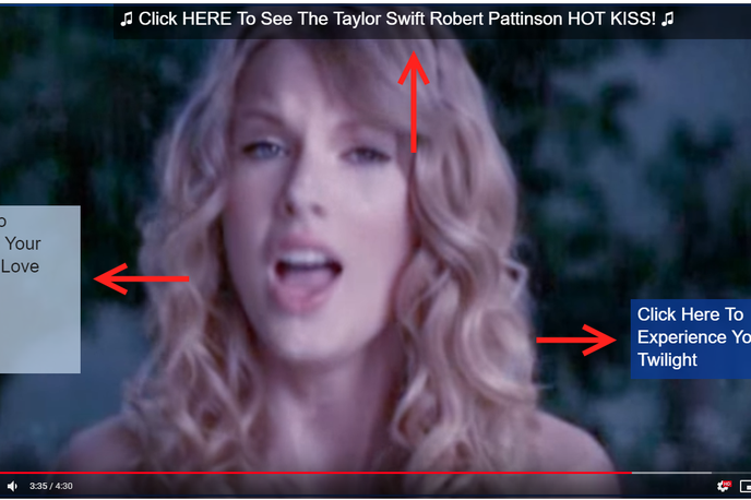YouTube | Okvirčki s povezavami na druge videoposnetke in celo druge spletne strani so bili še posebej pogost pojav pri videoposnetkih, ki so bili namenjeni mlajšim demografskim skupinam uporabnikov, saj so bolj nagnjeni h klikanju povezav, ki obljubljajo še več podobnih vsebin. Tale videoposnetek s pesmijo Taylor Swift in prizori iz filmov Somrak vsebuje okvirčke s povezavami, ki vodijo do nekaj zelo absurdnih drugih videoposnetkov.  | Foto Matic Tomšič / Posnetek zaslona