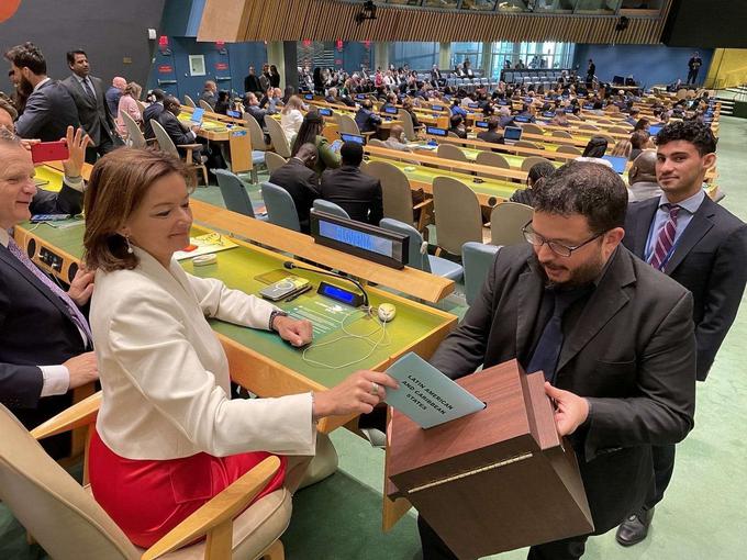 Zunanja ministrica Tanja Fajon na glasovanju za nestalne članice Varnostnega sveta Združenih narodov. | Foto: Matic Prevc/STA