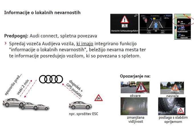 Zaradi tega komunikacijskega sistema zna A5 tudi deliti podatke o izrednih dogodkih na cestah z drugimi Audijevimi modeli, ki so na izbrani cesti in imajo aktivno povezavo sistema Audi connect. Na podatke o nevarnosti se odzove nadzorna enota avtomobila, ta se nato pripravi na spremembe voznih razmer.  | Foto: Audi
