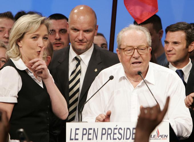 Marine Le Pen je pred leti suspendirala, nato pa še izključila iz Nacionalne fronte svojega očeta Jean-Marie Le Pena (desno). Junija 2018 je Nacionalno fronto preimenovala v Nacionalni zbor. | Foto: Reuters