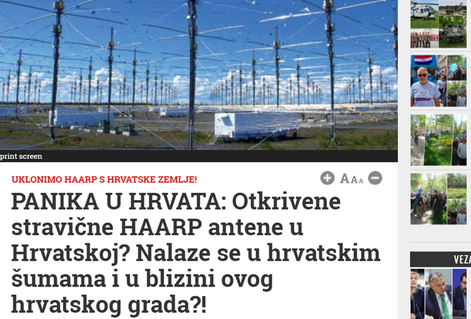 Čeprav je že nekaj časa javno znano, da je bil avtor fotografij sistema HAARP na Hrvaškem zgolj šaljivec, številni uporabniki Facebooka na članek portala Dnevno.hr v zadnjih letih še vedno opomnijo vsakič, ko se nad Velebitom zberejo črni oblaki. Informacije v članku so dejstvo postale tudi za nekatere Slovence. Na Facebooku in v komentarjih pod vsebinami slovenskih medijev se namreč vsako leto ob močnejšem vetru, toči, prezgodnjem snegu ali razlivanju rek zgodi, da kdo krivdo za ekstremnejše vreme pripiše kompleksu HAARP na Hrvaškem: | Foto: Matic Tomšič / Posnetek zaslona