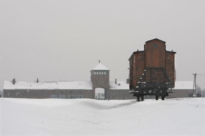 Kompleks koncentracijskih taborišč Auschwitz je imel več plinskih celic. V največjih so hkrati umorili tudi od 700 do 800 zapornikov. Na fotografiji glavni vhod v Birkenau. | Foto: Reuters