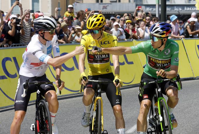 Edini, ki lahko ogrozi njegovo zmago, je Tadej Pogačar. Slovenski šampion ima zdaj v lasti belo majico za najboljšega mladega kolesarja, a ga zanima rumena majica − sveti gral kolesarstva. | Foto: Reuters