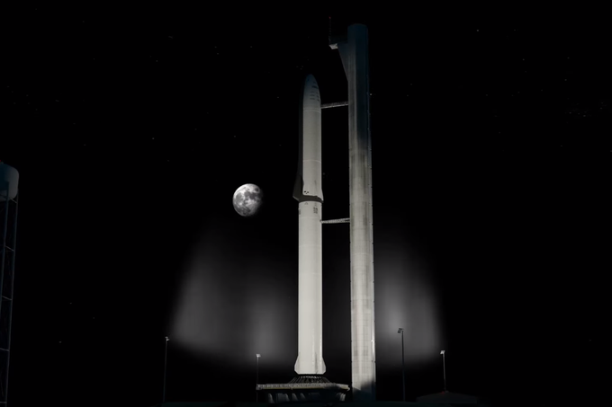 Računalniška grafika dokončane rakete BFR na vzletni ploščadi. Kaj natanko pomeni kratica BFR, sicer ni znano. Nekateri predstavniki podjetja SpaceX pravijo, da "Big Falcon Rocket" (Velika raketa Falcon - Falcon je sicer ime zdajšnji pogonskih raket SpaceX), Elon Musk pa je nekoč dejal, da je ime poklon znanemu orožju BFG iz serije računalniških iger Doom. Mnogo ljudi, ki jih zanimajo Muskovi projekti, je medtem prepričanih, da je BFR v resnici okrajšava za Big Fucking Rocket oziroma "Je.... velika raketa".  | Foto: YouTube