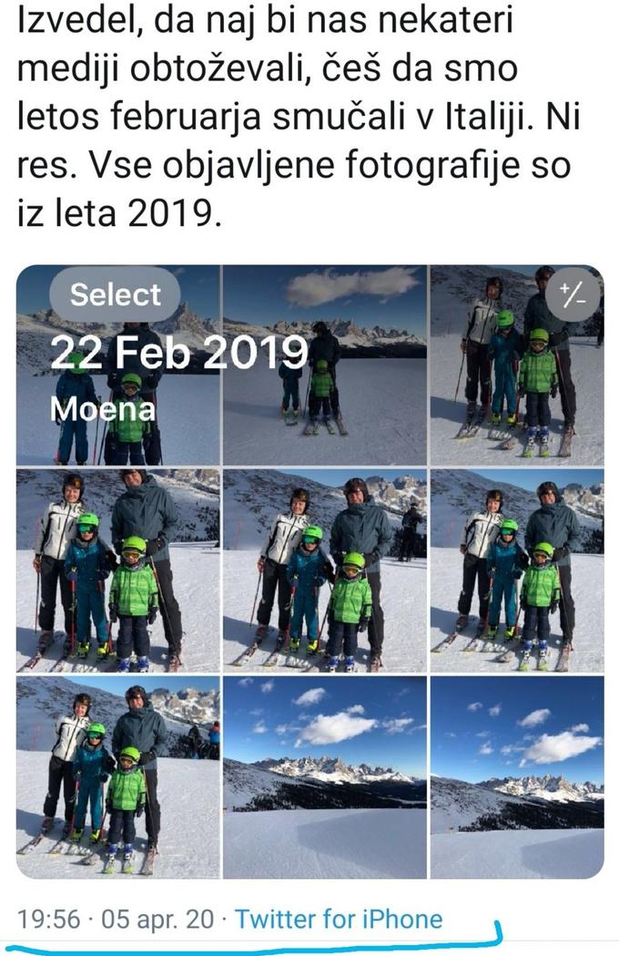 Janša je že pred časom pojasnil, da je na družbenih omrežjih delil staro fotografijo in da februarja letos ni bil na smučanju v Italiji. | Foto: Twitter - Voranc