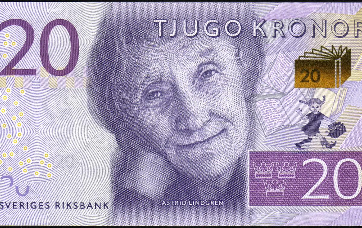 Astrid Lindgren, švedska krona | Astrid Lindgren in Pika Nogavička na bankovcu za 20 švedskih kron | Foto Sveriges Riksbank