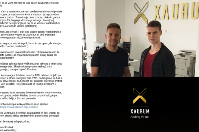 Xaurum | Levo sporočilo, ki ga je poslal Benjamin Strušnik, desno zgoraj Benjamin Strušnik (desno) in "xaurumovec" Klemen Nicoletti (levi) na sedežu projekta Xaurum v Ljubljani, desno spodaj logotip projekta Xaurum. | Foto Posnetek zaslona / Instagram