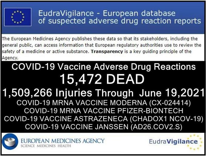 Ta prirejena grafika, ki domnevne poškodbe in smrti, ki naj bi jih povzročilo cepivo proti bolezni covid-19, prikazuje kot dejstvo, v resnici pa je ne objavlja Evropska agencija za zdravila, po spletu že nekaj časa kroži med nasprotniki cepljenja, pojavlja pa se tudi na spletnih straneh z izrazito proticepilsko držo. | Foto: Facebook
