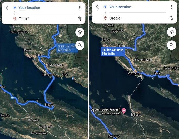 Levo je smer, ki jo je Google za najhitrejšo pot do mesta Orebić na polotoku Pelješac brez vožnje s trajektom predlagal v začetku tedna. Vključevala je prečkanje še nedokončanega Mostu na Pelješac. Desno pot, ki jo aplikacija Zemljevidi predlaga danes.  | Foto: Matic Tomšič