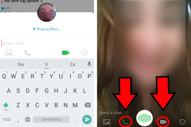 3. korak: Če ima sogovornik že nameščeno novo posodobitev Snapchata, bo prejel obvestilo o klicu. Ko se odzove, se vam bo na zaslonu prikazal njegov obraz, s pritiskom na ikono slušalke ali kamere pa lahko potem preklapljate med navadnim in video klicem, torej vklopite oziroma izklopite kamero.