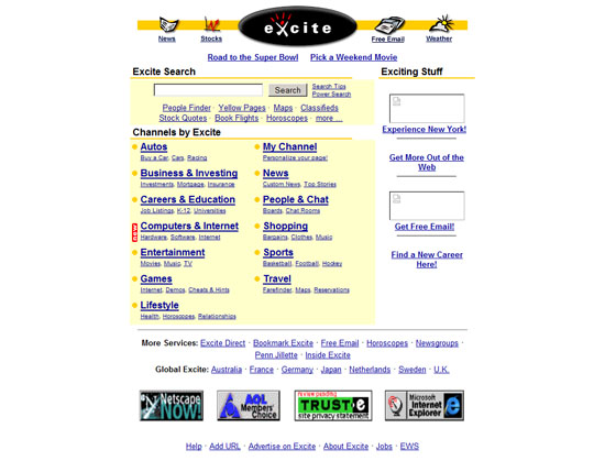 Excite je na enem mestu ponujal spletno iskanje, novice, e-pošto. Takole je bil spletni portal videti leta 1998. | Foto: 