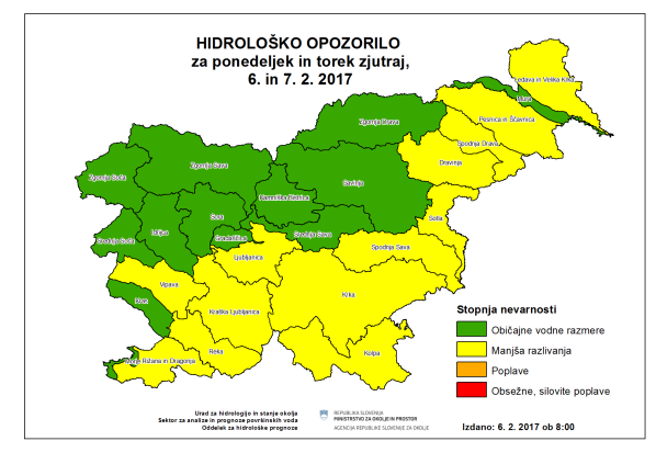Vremenoslovci opozarjajo, da lahko posamezni vodotoki v vzhodni, južni in osrednji Sloveniji narastejo preko opozorilnih pretokov in se razlijejo. | Foto: Arso