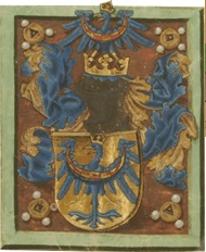 Grb Kranjske iz leta 1463 z zlatim ščitom. 
Grb je upodobljen na listini, s katero je cesar Friderik III. v zahvalo, ker so mu kranjski plemiči priskočili na pomoč v obleganem Dunaju, izboljšal deželni grb. 
Arhiv RS - SI AS 1063, Zbirka listin, št. 716 (1463, januar 12., Dunajsko Novo mesto)
 | Foto: Arhiv RS