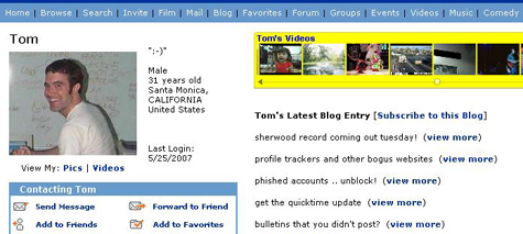 Profil Toma Andersona na družbenem omrežju Myspace. Kot so kasneje ugotovili nekateri uporabniki spleta (klik na fotografijo za vir), je Anderson na družbenem omrežju narobe navedel svojo starost - rojen je leta 1970, torej bi moral biti ob zagonu Myspacea star 33 let.  |  Foto: ZDnet | Foto: 