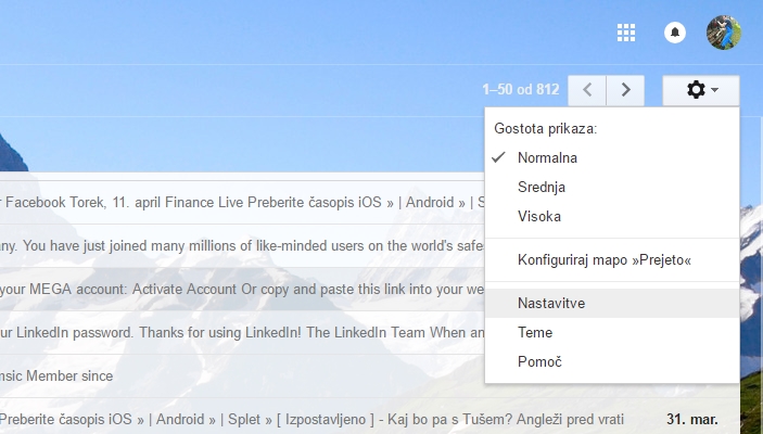 Odprite nastavitve spletne pošte Gmail (klik na zobnik v zgornjem desnem kotu zaslona). | Foto: Matic Tomšič
