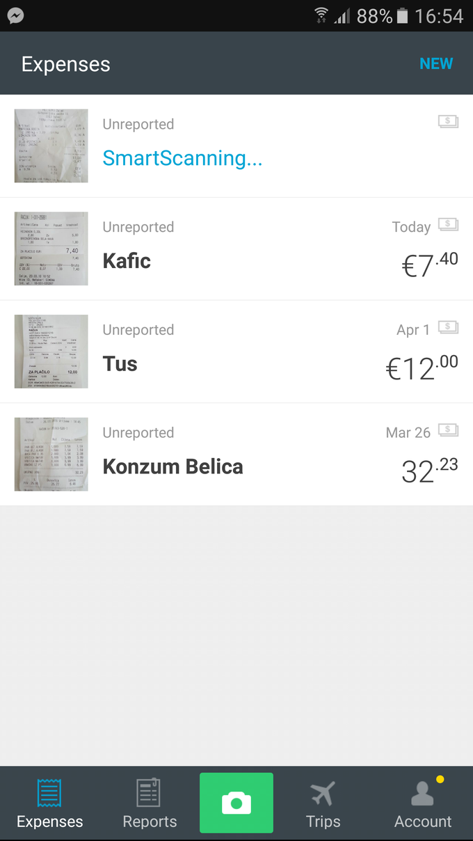 Vseh evropskih valut aplikacija Expensify še ne pozna. Kot je razvidno s tega posnetka zaslona, je z računa z imenom Konzum Belica razbral samo znesek, ne pa tudi valute - plačali smo v hrvaških kunah. | Foto: Matic Tomšič