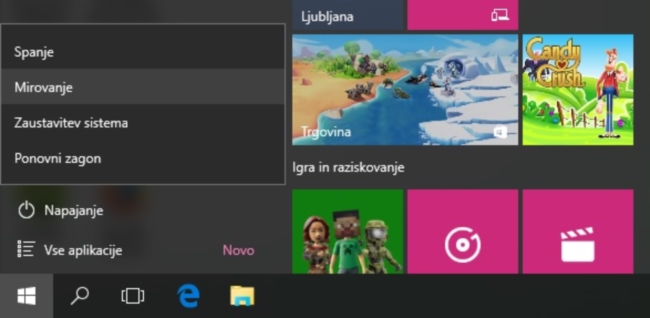 V Windows 10 kliknemo gumb Start in nato še Napajanje ter izberemo eno od možnosti (spanje, mirovanje, ponovni zagon).