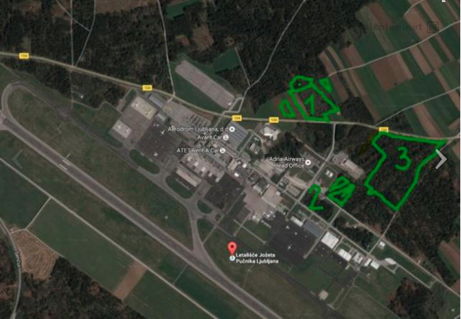 Zemljišča v okolici Aerodroma Ljubljana, kjer naj bi bilo zgrajeno novo logistično-trgovsko središče. Trenutno jih DUTB prodaja za 6,7 milijona evrov. | Foto: DUTB
