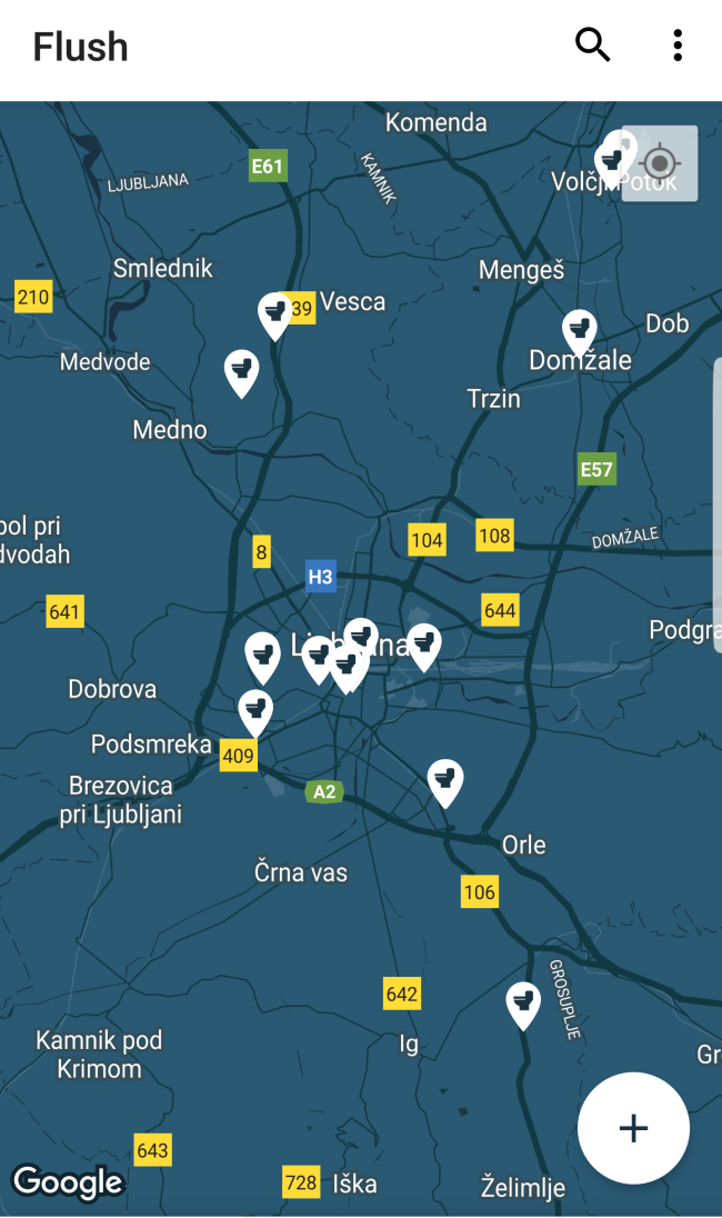 Aplikacija Flush prikazuje označena javna stranišča v Ljubljani in njeni okolici. | Foto: Matic Tomšič