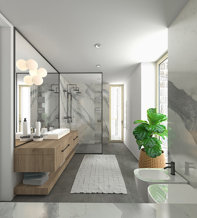 Glede na že dokončno premišljeno zasnovo hiše je ena redkih mogočih spremenljivk le kopalnica, za katero je zdaj določen bel marmor. To pa se bo morda še spremenilo. | Foto: 