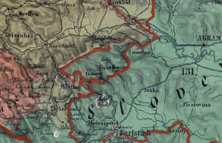 Zemljevid avstrijskega statistika Karla von Czoerniga iz leta 1855, na katerem je Žumberk narisan kot del Vojne Krajine, a obenem tudi kot del dežele Kranjske. Pobarvan je z zeleno barvo, tako kot hrvaške dežele, in sicer zato, ker je Czoernig Žumberčane prišteval k Srbohrvatom. Von Czoernig je Hrvate delil na štokavsko goreče Srbohrvate in kajkavsko govoreče Sloveno-Hrvate. Na zemljevidu so zato Zagreb (nemško Agram) in drugi kajkavsko govoreči kraji del območja Sloveno-Hrvatov. | Foto: commons.wikimedia.org