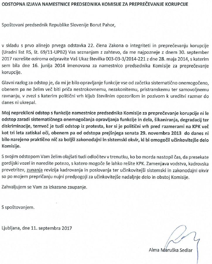 Alma Sedlar odstopna izjava | Foto: 