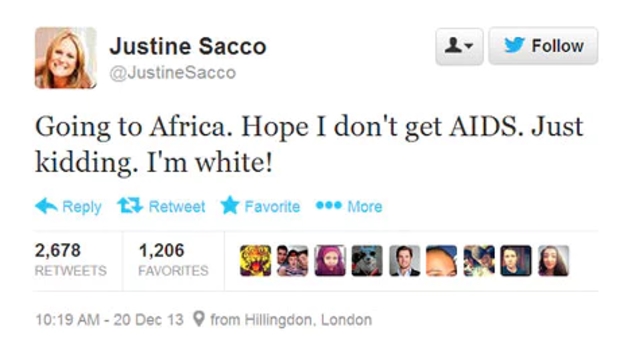 "Odhajam v Afriko, upam, da ne dobim aidsa. Šala, saj sem vendar belka!" Šala s pridihom črnega humorja, morda ne ravno najprimernejša za glavno piarovko multinacionalke, kot je InterActiveCorp. | Foto: Twitter - Voranc