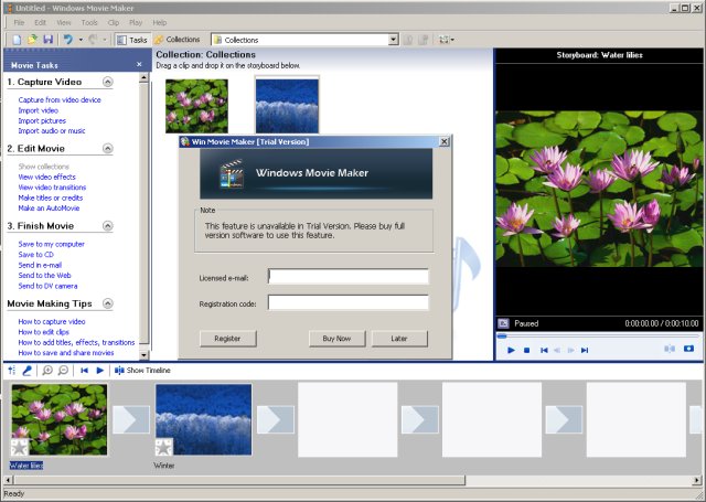Takole je videti poziv za nakup "polne" različice Windows Movie Makerja. Če uporabnik klikne na gumb Buy Now, ga program preusmeri na spletno stran, kjer vnese podatke za plačilo in izvrši transakcijo. Treba je poudariti, da Microsoft za Windows Movie Maker nikoli ni zahteval niti centa, namestitev je bila vselej brezplačna ali pa je bil program že prisoten ob prvem zagonu operacijskega sistema Windows.  | Foto: ESET