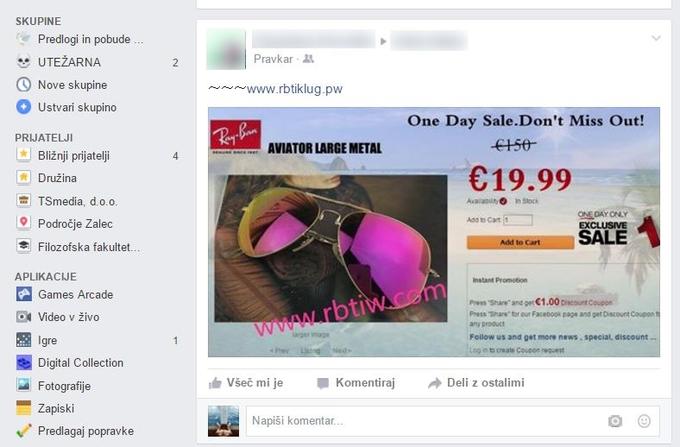 Oglas na Facebooku, ki uporabnike vabi k obisku spletne trgovine s poceni sončnimi očali.  | Foto: Matic Tomšič