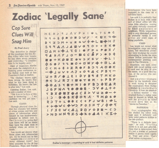 Eden izmed Zodiacovih kriptogramov. Ta je bil objavljen v časniku San Francisco Chronicle. | Foto: Deborah Silva