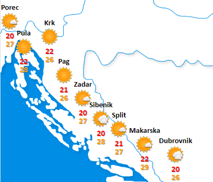 Vremenska slika hrvaške obale za četrtek 21.6. pred petkovimi nevihtami. 