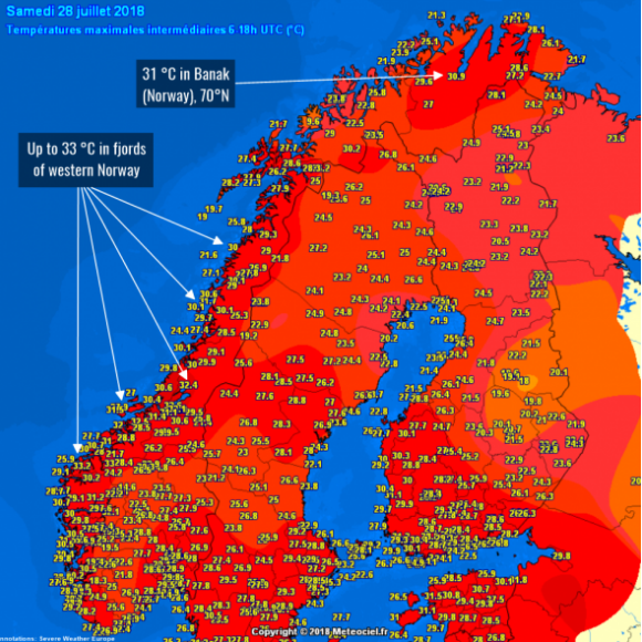 Temperature na Norveškem se vzpenjajo nad 30 stopinj Celzija, kar je proti pričakovanjem. Tako visoke temperature so skandinavski meteorologi nazadnje izmerili leta 1920.  | Foto: Meteociel.fr
