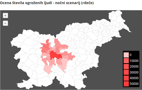 Ocena števila ogroženih ljudi pri potresu v Ljubljani ponoči, če bi ta dosegel deveto stopnjo po lestvici 
EMS. | Foto: zajem zaslona / potrog.vokas.si