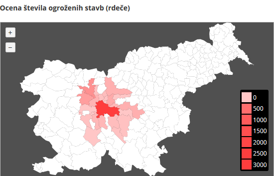 Ocena števila ogroženih stavb pri potresu v Ljubljani, če bi ta dosegel deveto stopnjo po lestvici EMS. | Foto: zajem zaslona / potrog.vokas.si