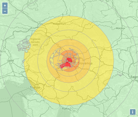 Karta ocenjene intenzitete za potres v Ljubljani. Pri izračunu potresne intenzitete je za nekatere dele Slovenije upoštevana mikrorajonizacija - učinek geološke podlage (npr. barjanska tla, prod, skala ipd.). Kot legendo glejte 12-stopenjsko Evropsko potresno lestvico zgoraj.
                                                                                                        
 | Foto: zajem zaslona / potrog.vokas.si